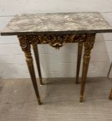 A marble topped hall table in the style of Louis XVI on fluted tapering legs (H76cm W61cm D41cm)