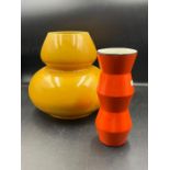 A yellow ground Mid Century vase and a orange zigzag vase, stamp to base
