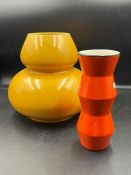 A yellow ground Mid Century vase and a orange zigzag vase, stamp to base