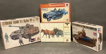 Four boxed model kits, Supply Wagon, Hanomag SD.KFZ, British Infantry Tank MK11 and German Tank PZ