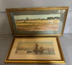 Oil painting of a farm land and a watercolour of fishing boats signed lower right