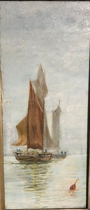 Two painting of Barges on board (65cm x 35cm) and oil on board Lowestoft fishing travellers - Image 2 of 4