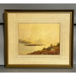 A watercolour of a lake view signed ". Goodwin" lower left, framed and glazed (48cm x 40cm).