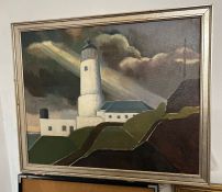 An oil on canvas of a light house