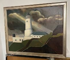 An oil on canvas of a light house