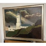 An oil on canvas of a light house