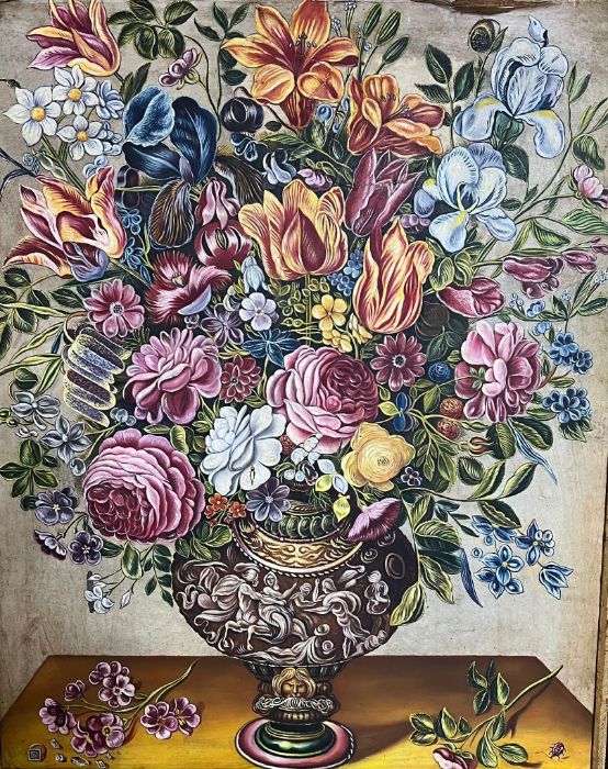 A "Floral still life", probably after Juan de Arellano, mixed media, stamped ´STUDIO M CANALS´ on - Image 2 of 12