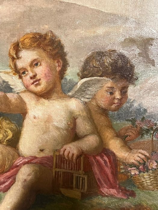 Continental scene 19th century, Cherubs in garden setting. Oil on canvas, unsigned 30cm x 55cm - Image 3 of 4