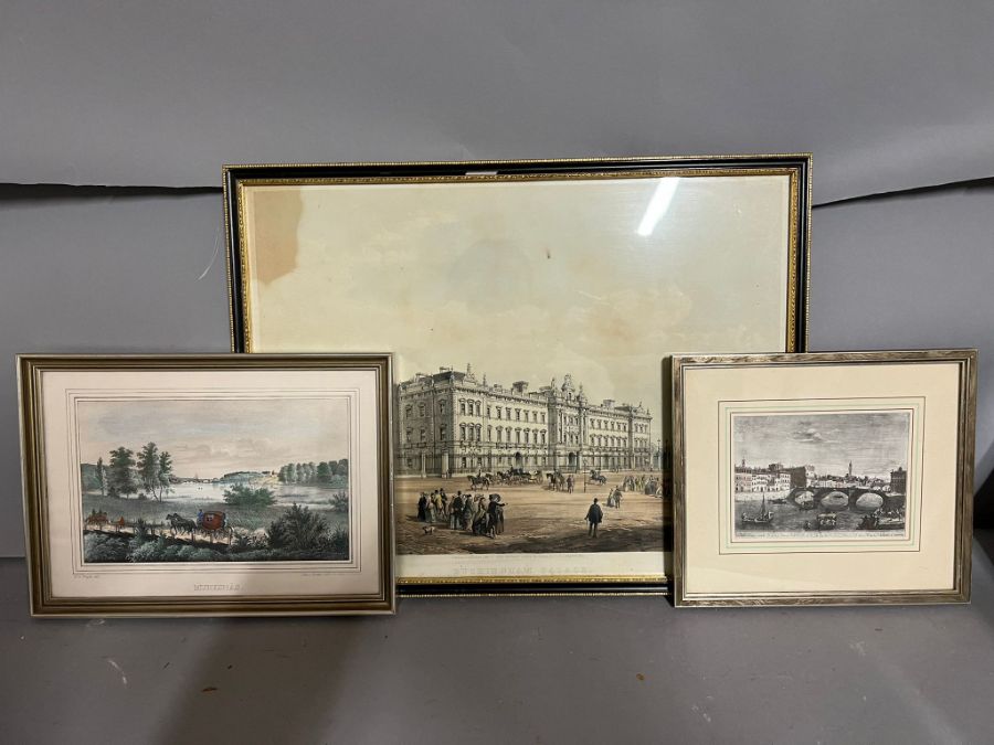 Three English prints, one of Buckingham Palace, framed and glazed,