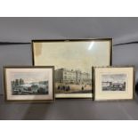 Three English prints, one of Buckingham Palace, framed and glazed,