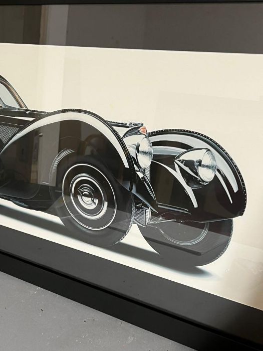 A contemporary print of a classic Bugatti, black and white, framed (54cm x 111cm) - Image 3 of 3