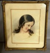 20th Century glazed and framed watercolour depicting a girls face