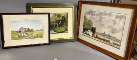 Three rural scenes in mixed media, one illegibly signed and dated 2001, framed and glazed, 56cm x