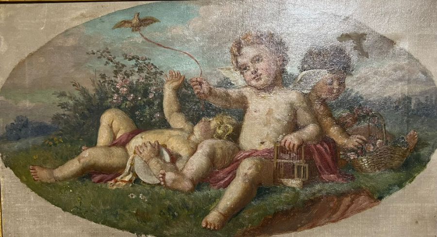 Continental scene 19th century, Cherubs in garden setting. Oil on canvas, unsigned 30cm x 55cm - Image 2 of 4