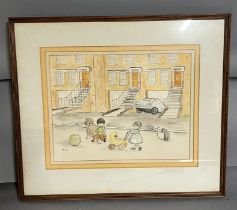 Pen and ink, signed and dated '77, street scene framed and glazed, 55cm x 48cm