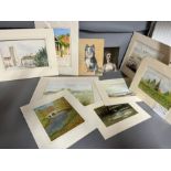 A selection of unframed watercolours and prints, some signed 'M. Burr'