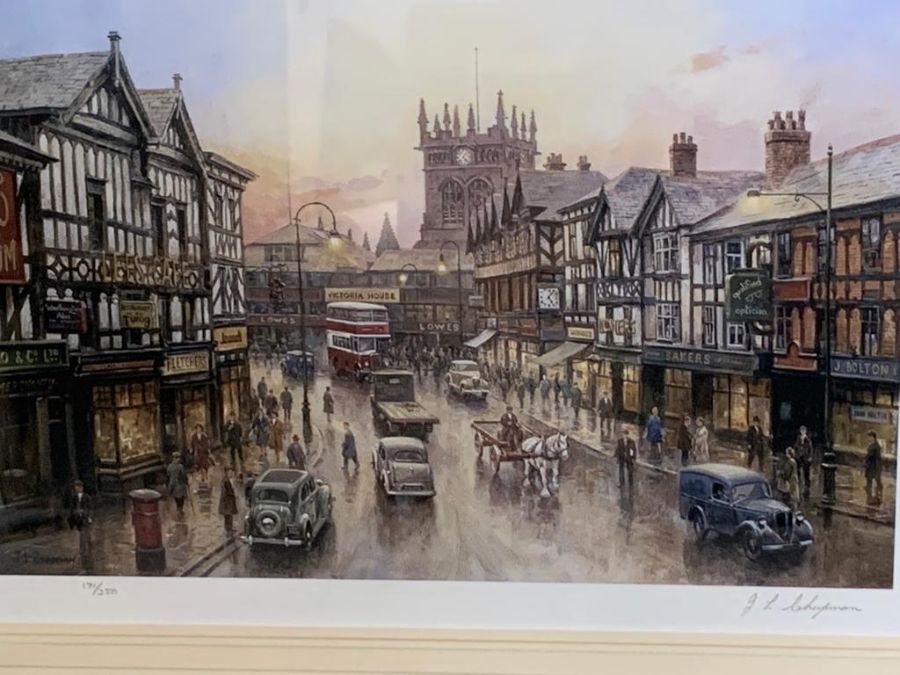 Two Edwardian theme special edition prints Wigan and a street scene by J.L. Chapman, framed and - Image 7 of 8