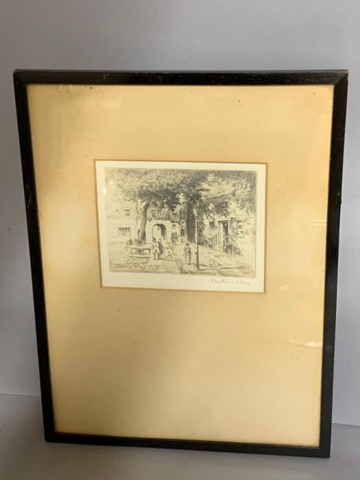 'A street view', a signed print by Arthur L. Cherry, glazed and framed, (14cm x 11cm).