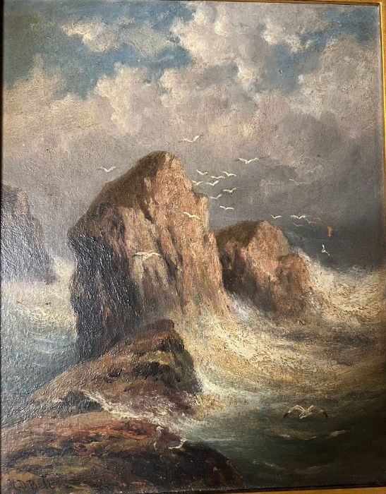 An unknown artist, oil signed H.D Bell, coastal scene, waves crashing into rocks - Image 3 of 3