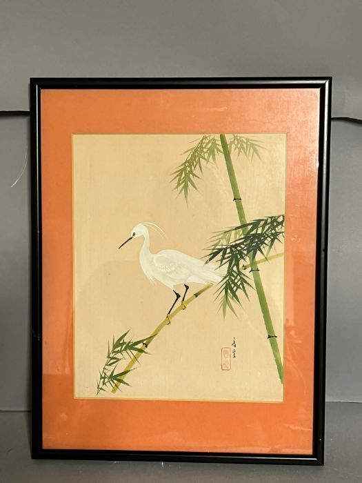 A heron on bamboo, painting, signed with characters, framed and glazed 28cm x 36cm