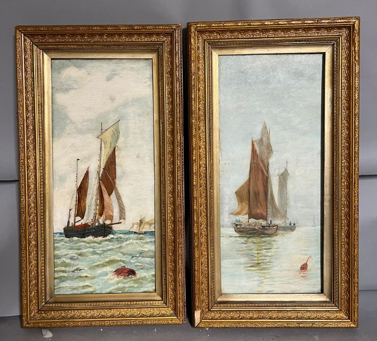 Two painting of Barges on board (65cm x 35cm) and oil on board Lowestoft fishing travellers