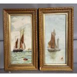 Two painting of Barges on board (65cm x 35cm) and oil on board Lowestoft fishing travellers