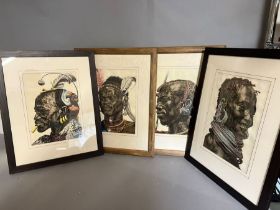 Four portraits of African tribal elders by J.P Ludu signed lower left, 2oth century watercolours