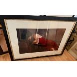 A large contemporary print of a lady Scantily Clad on a sofa 120cm x 96cm