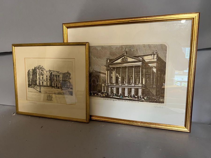 A signed engraving opera house Covent gardens and St Georges hospital. signed lower left (largest