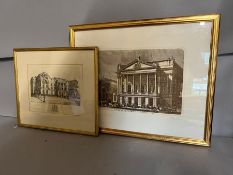 A signed engraving opera house Covent gardens and St Georges hospital. signed lower left (largest