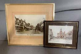 Two street view of reigate high street, framed and glazed, 44cm x 49cm.