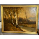 An 19th/early 20th century oil on canvas of a river scene featuring shepherd and his flock,