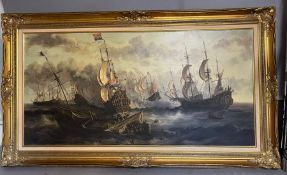 Maritime Study of war sailing ships at sea by E Ponthier, American painter. Oil on canvas 120cm x