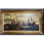 Maritime Study of war sailing ships at sea by E Ponthier, American painter. Oil on canvas 120cm x