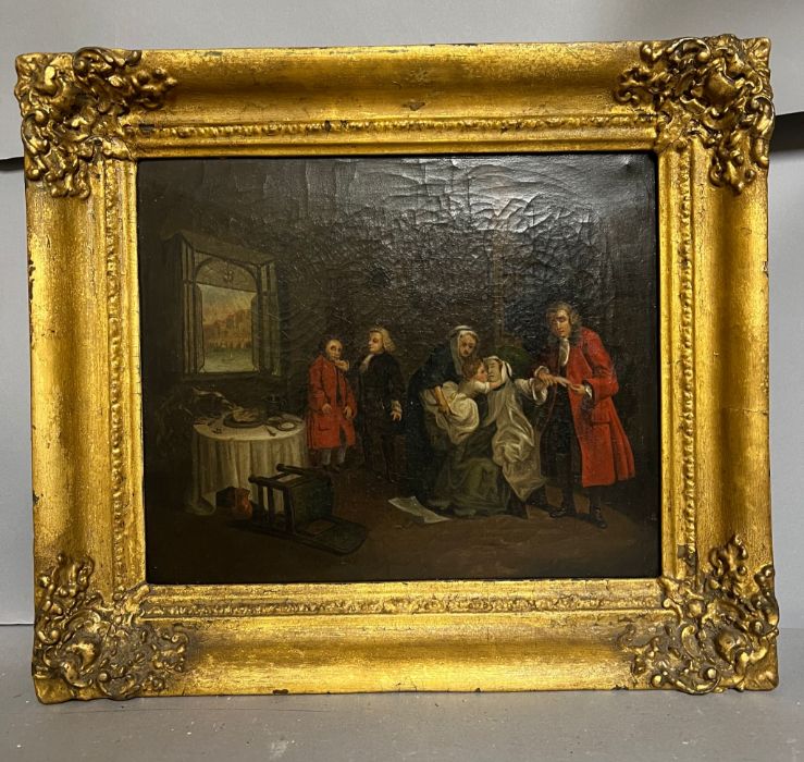 An oil on canvas after William Hogarth "The Death of the Countess" 30cm x 25cm
