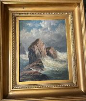 An unknown artist, oil signed H.D Bell, coastal scene, waves crashing into rocks
