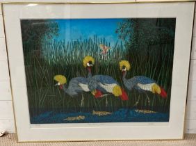 A signed print of three crowned cranes
