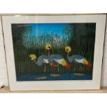 A signed print of three crowned cranes