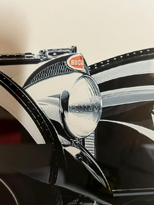 A contemporary print of a classic Bugatti, black and white, framed (54cm x 111cm) - Image 2 of 3
