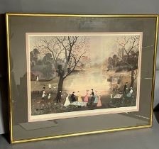 "Our picnic", a signed and stamped print by Helen 'Layfield' Bradley, framed and glazed (80cm x