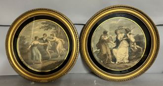 A pair of oval framed engravings after Angelica Kauffmann 'Blind Man's Bluff' and another (Dia