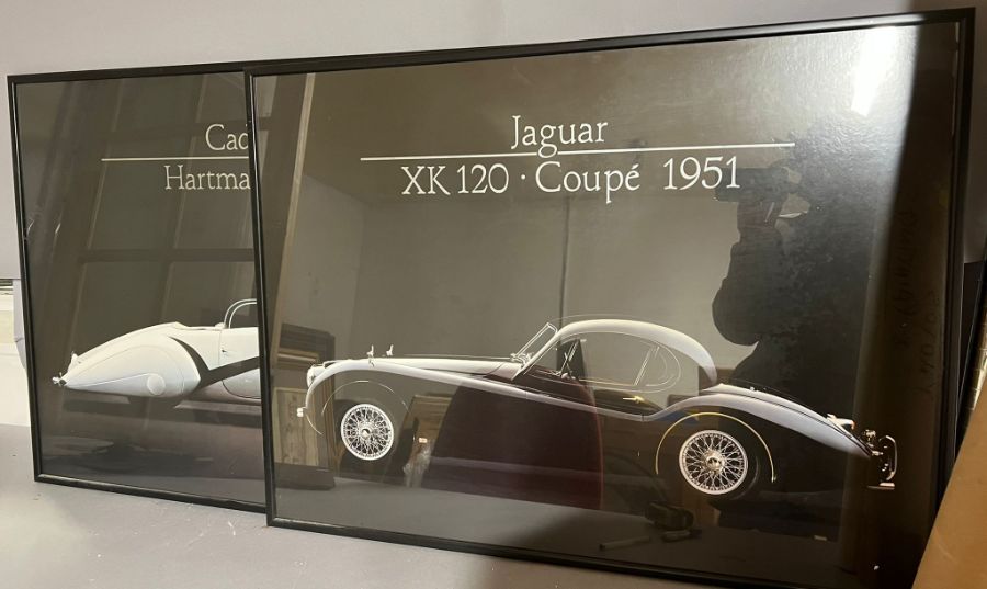Two black and white classic car prints, Jaguar XK 120 Coupe 1951 and Cadillac Hartmann 1937 - Image 2 of 2