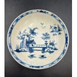 A Lowestoft tea bowl saucer, blue chinoiserie "Long Bridge" pattern, unmarked (Dia12cm)