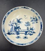 A Lowestoft tea bowl saucer, blue chinoiserie "Long Bridge" pattern, unmarked (Dia12cm)