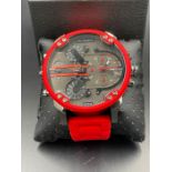Diesel Mr Daddy quartz four clock dial, black dial, red bezel, red silicone strap, metal inserts and