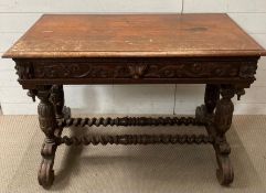 Gothic revival oak side table, single drawer with carved sides, raised on baluster supports
