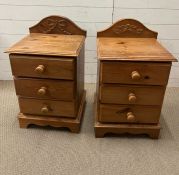 A pair of pine bedsides with drawers and carved ribbon bow details to back (H71cm W42cm D37cm)