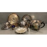 A selection of silver plated items to include tea pots, coasters and jugs