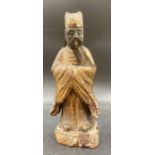 An Antique Chinese Polychrome carved wooden figure of Confucius