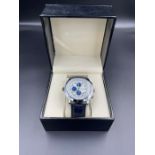 Swan & Edgar race counter automatic watch blue/white dial ss case and bezel black leather strap.